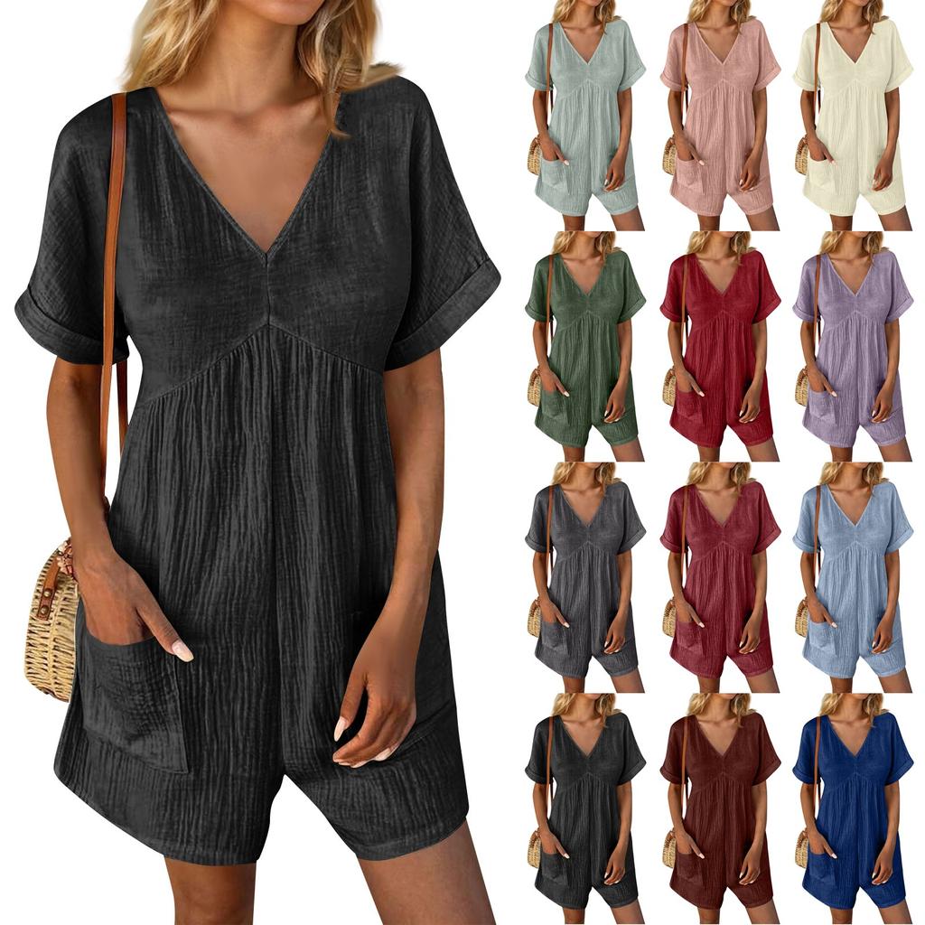 Women's Casual V-Neck Short Sleeve With Pockets Comfort Jumpsuit Shorts