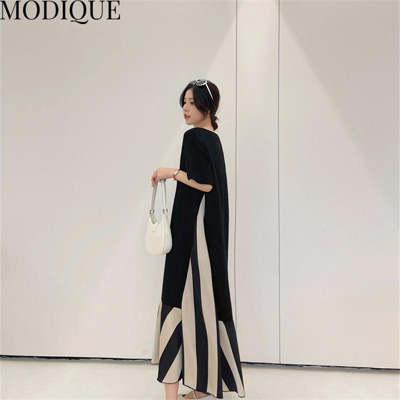 MODIQUE Summer Plus Size New Women Loose Patchwork A-Line Stripe Mock Two-Piece Long Dresses Elegant Lady Casual Cotton V-Neck Short Sleeve Skirt