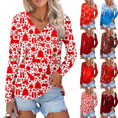 Женская повседневная мода сексуальный комфорт рождественский принт V-образный вырез пуговицы длинный рукав