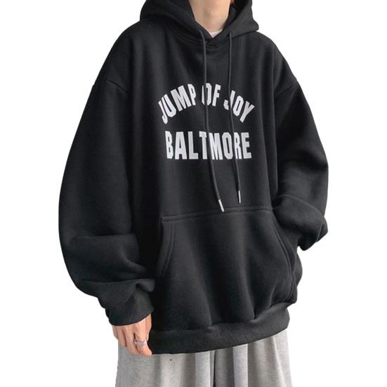 Мужская осенне-зимняя толстовка с капюшоном и буквенным принтом, свободная толстая теплая пуловер с длинными рукавами, ретро средней длины, эластичная манжета на шнурке, толстовка с большим накладным карманом