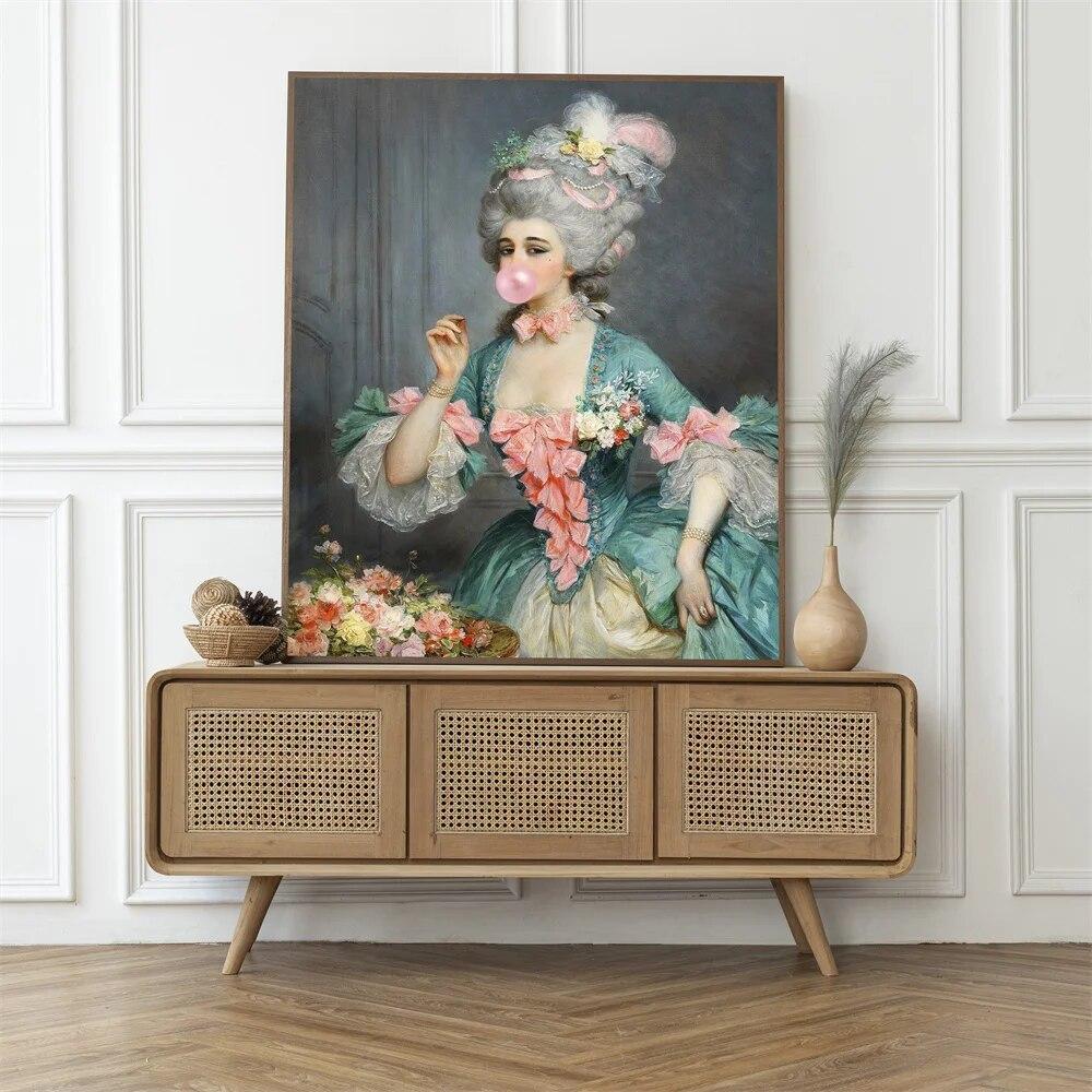 Funny Altered Art Print Elegant Lady with Pink Ice Cream Poster Italian Rococo Vintage Oil Painting Candy Food Canvas Painting