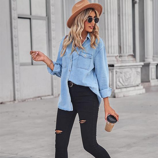 Светлый цвет, тонкая джинсовая повседневная рубашка с длинными рукавами в европейском и американском стиле, модная женская одежда