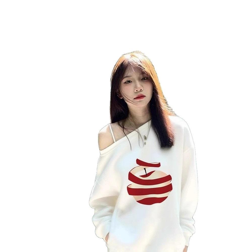 French slanted shoulder off-shoulder white apple print sweater women's autumn new sweet girl design loose top