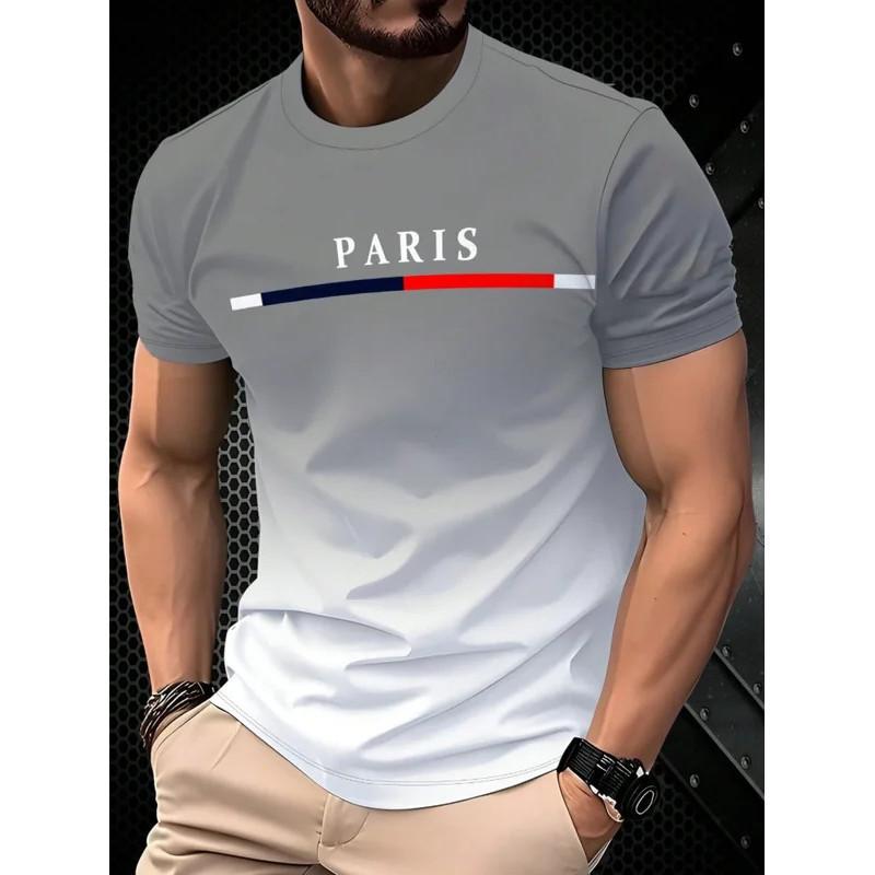 Летняя мужская футболка с градиентным принтом 3D букв Paris для занятий спортом на открытом воздухе, быстросохнущий топ с коротким рукавом, мужская одежда больших размеров