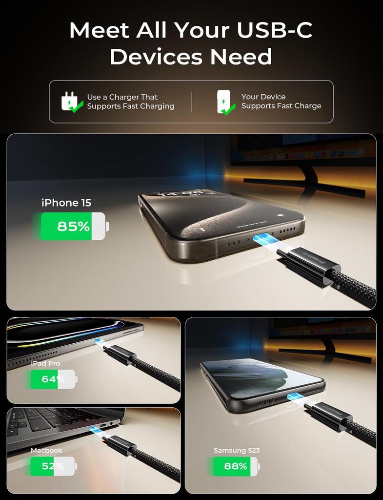 Кабель передачи данных USB C - USB C длиной 5 м/6 м, видео 4K, USB3.1 Gen2 VR, кабель типа C для быстрой зарядки iPhone 15 Pro Max, iPad MacBook