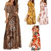Bandeau Ruffle Trim Stitching Large Hem Long Dress Sexy Off Shoulder Leopard Butterflies