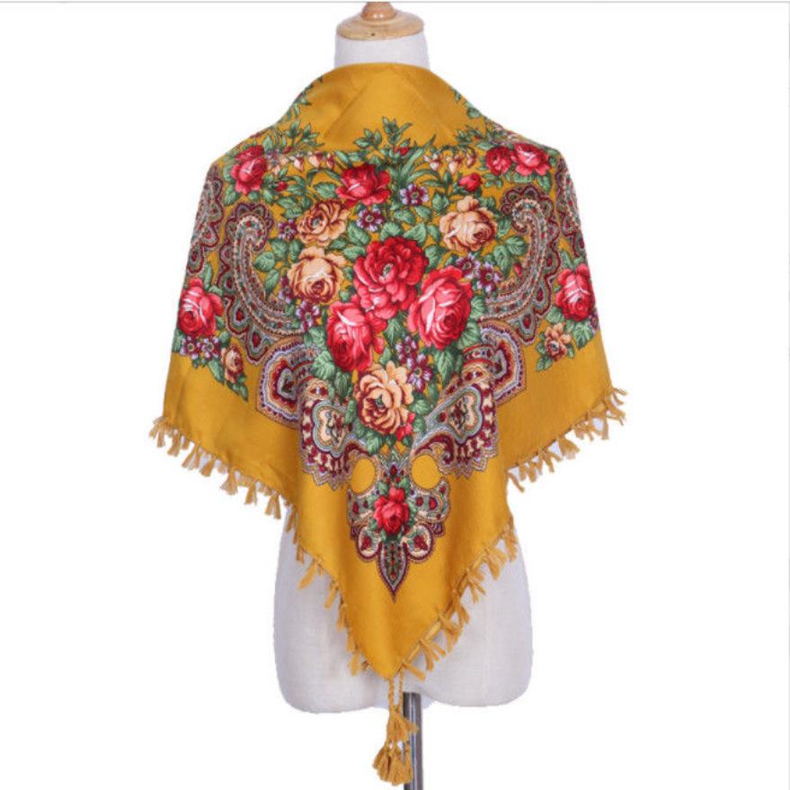 90*90 см Женский шарф Russian Style с принтом пионов и цветов, с длинной бахромой, большой квадратный, теплый, традиционный этнический мексиканский шаль