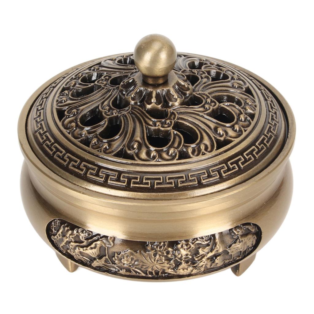 Coil Incense Burner with Lid Antique Beautifully Carved Electroplating Zinc Alloy Incense Burner
