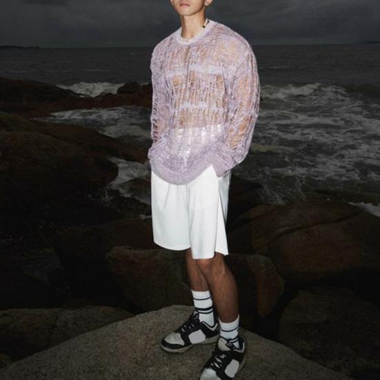 Men Tops Crew Neck Long Sleeve Knitted T-Shirt Men Clothing Retro Hollow-Out Mesh Knit Tops Spring Streetwear