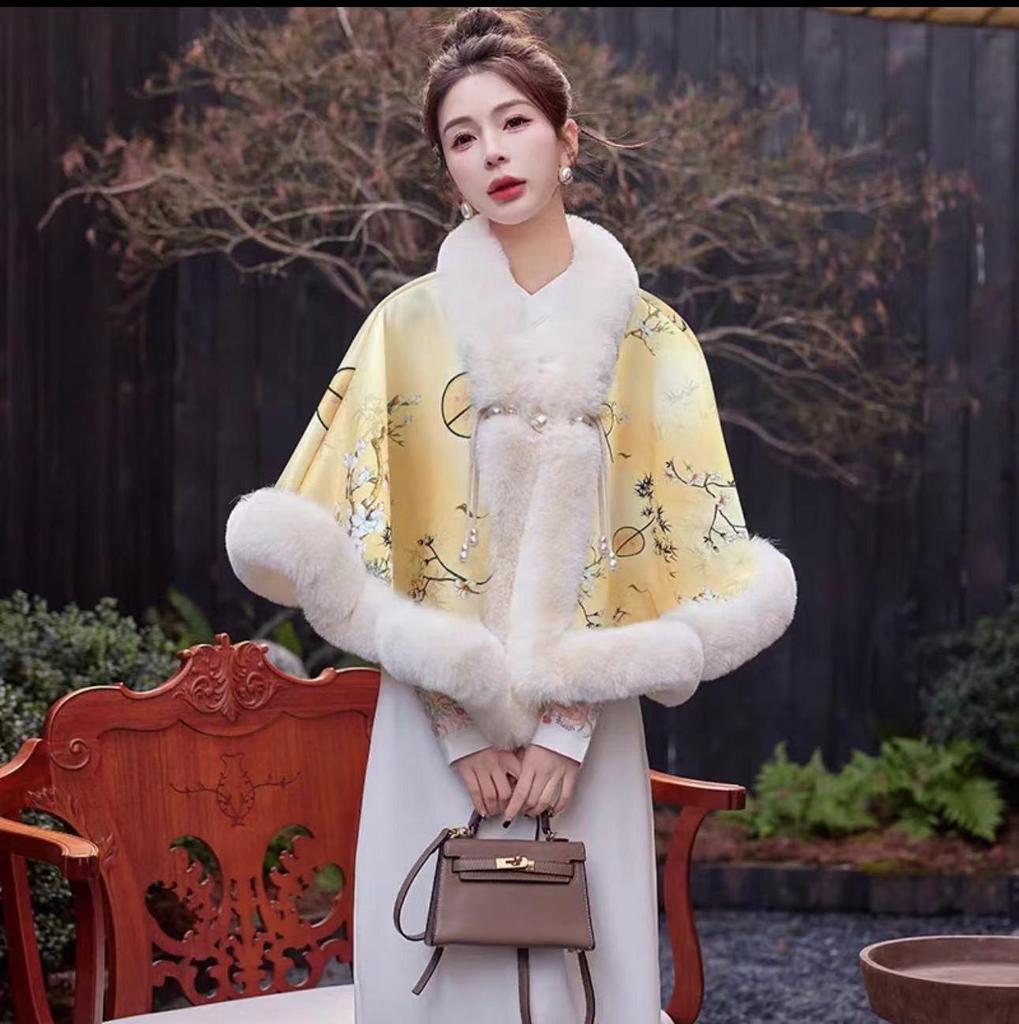 931# Женский универсальный плащ ципао: Шаль с воротником из искусственного меха выдры, на флисовой подкладке, утолщенная для тепла