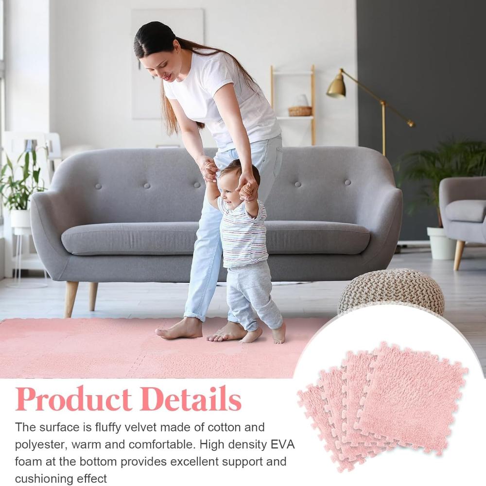 16 Pcs Plush Jigsaw Puzzle Mat Cute Soft and Fluffy Interlocking Rug EVA Foam Square Rug Children's Play Mat Bedroom Decor