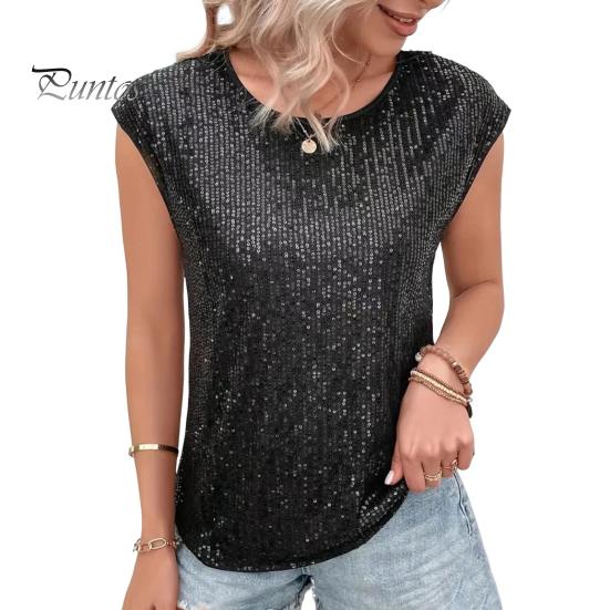 Женская футболка с круглым вырезом без рукавов свободного кроя футболка с блестящими пайетками повседневные футболки стандартного кроя топ повседневная одежда
