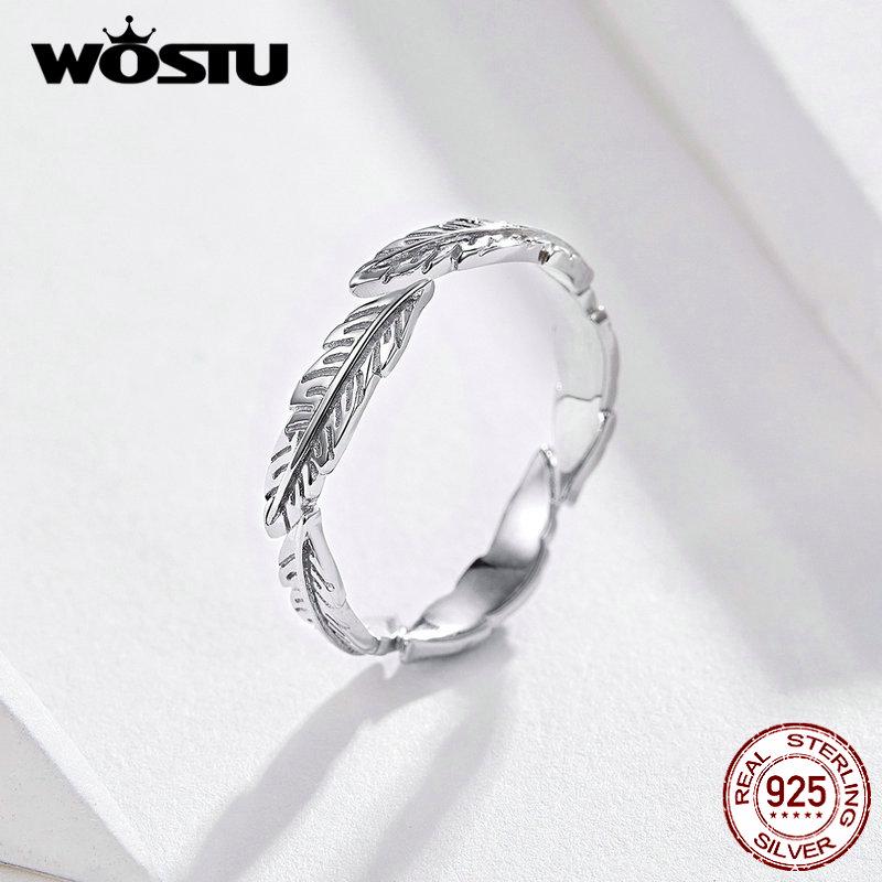 WOSTU Регулируемые кольца на палец в стиле бохо с перьями свободного размера, женские кольца из 100% стерлингового серебра 925 пробы