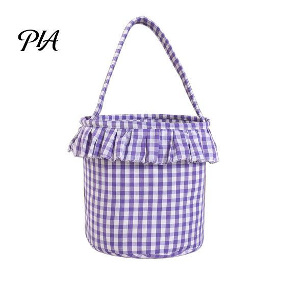 Easter Egg Hunt Carriers Halloween Basket, Plaid Ruffle Trick or Treat Candy Bucket with Handle Bags for Kids Kids, Reusable Gingham Fabric