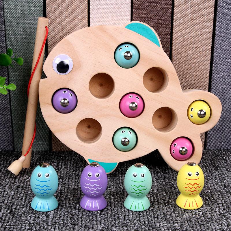 Children's Wooden Kitten Magnetic Fishing Set Toy1-2-3Year-Old Boys and Girls Educational Fishing