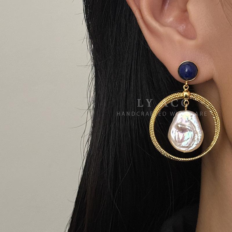 French retro lapis lazuli baroque pearl earrings niche woven gold ring light luxury daily high-end unique earrings