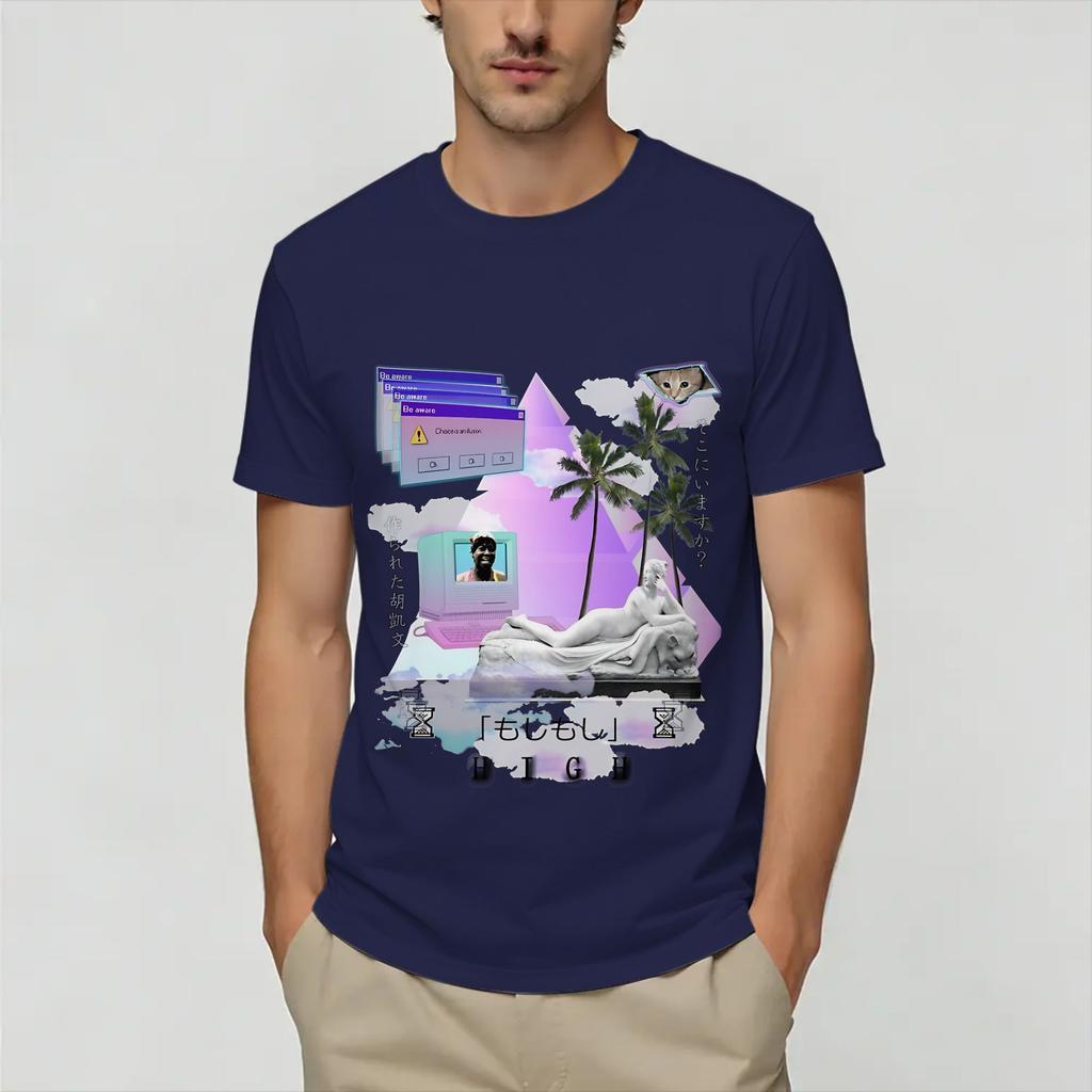 Frutiger Aero World Vaporwave Футболка Унисекс Сумасшедшая Чистый Хлопок Футболка Круглый Вырез Короткий Рукав Футболки Одежда Больших Размеров