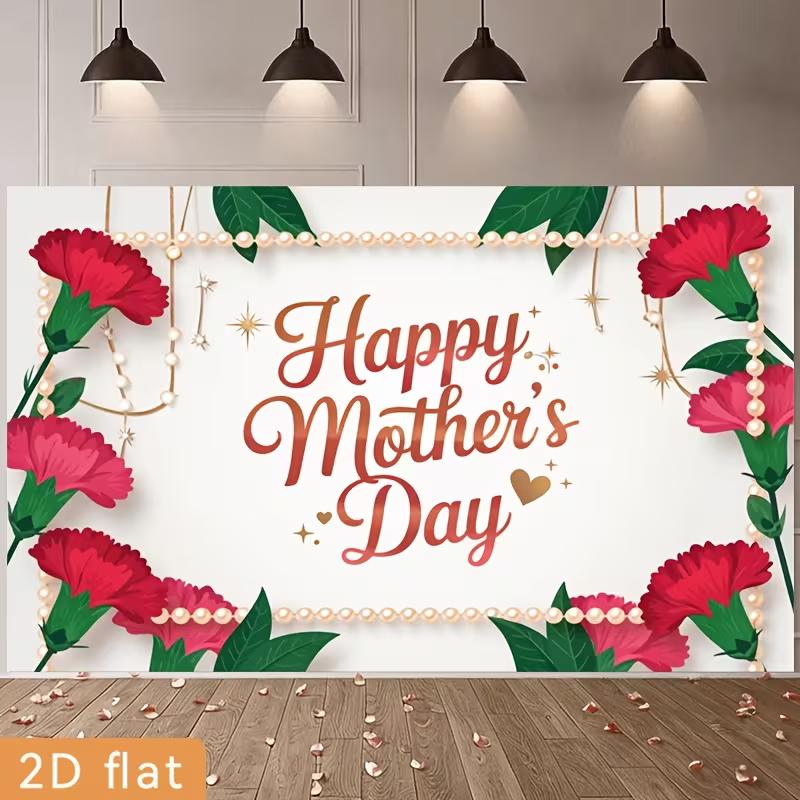 2D Mother's Day Photography Backdrop Happy Mother's Day with Carnation and Pearl Background