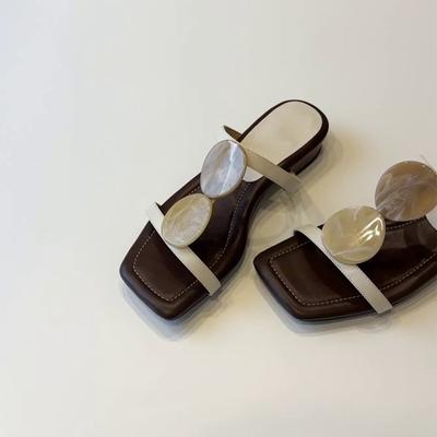 Цельные туфли на толстом каблуке Женские туфли на высоком каблуке с квадратным носком Пляжные шлепанцы