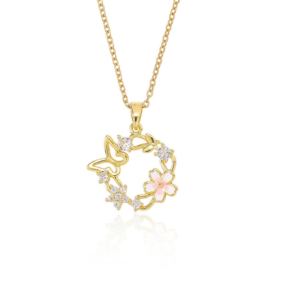 Cute Female Crystal White Zircon Stone Butterfly Flower Pendant Necklace Vintage Gold Color Wedding Jewelry For Women