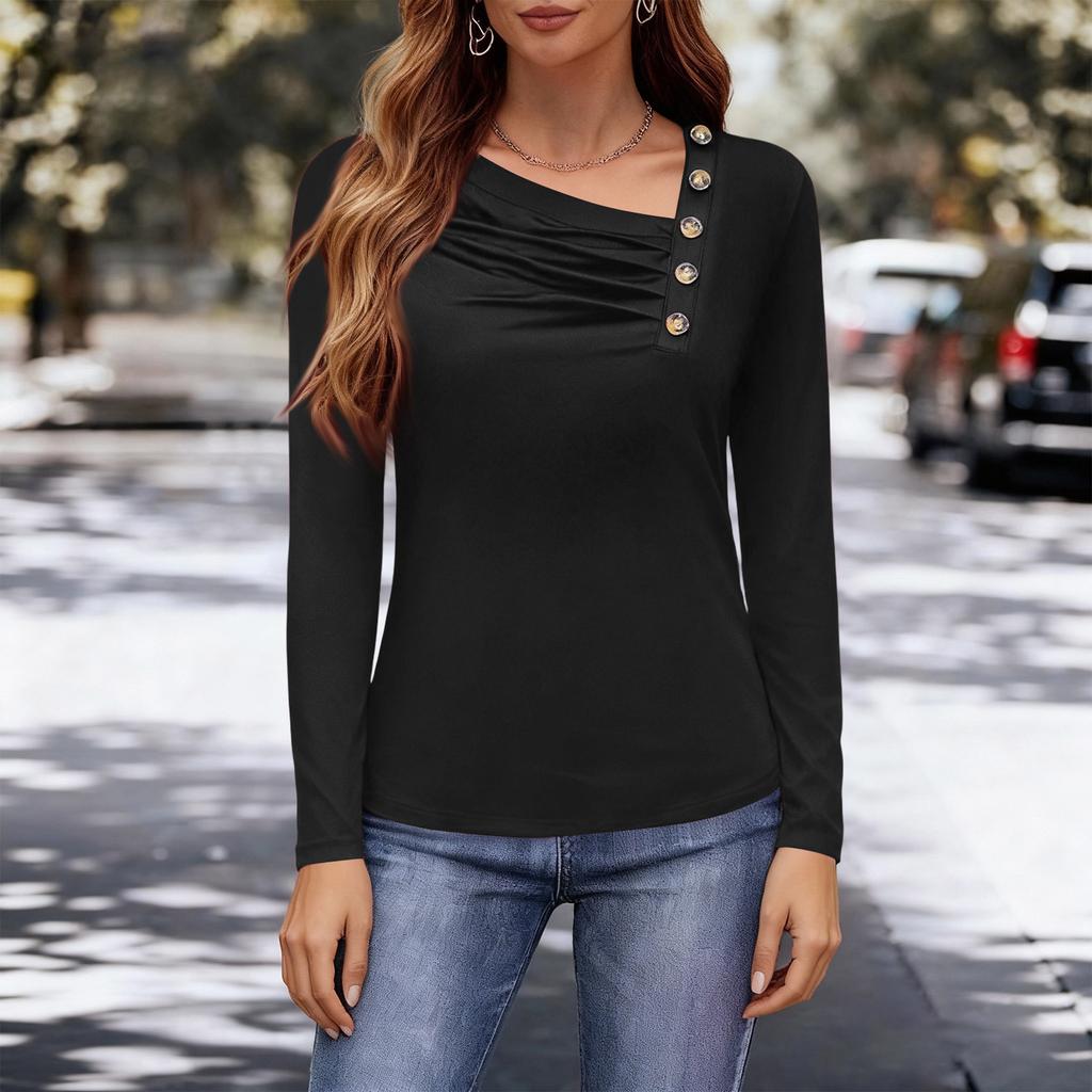 Женская модная повседневная футболка с асимметричным воротником на пуговицах, топ с длинным рукавом из молочного шелка