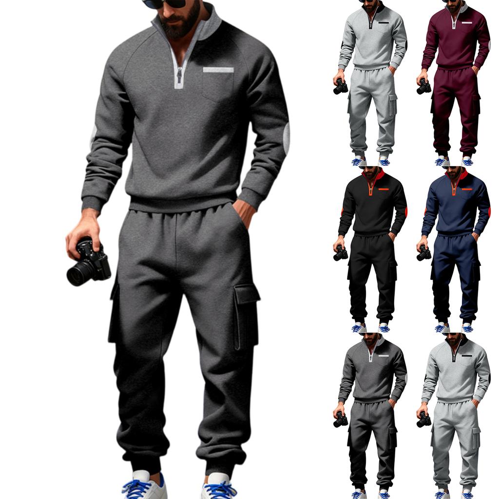 Men's Winter Fleece Multi Pocket Zipper Sweatshirt 2 Piece Set Personalized Sweatpants