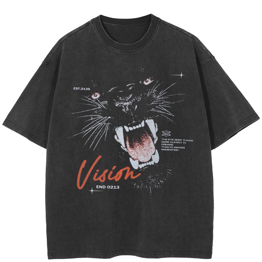 Streetwear Vicious Dog Unisex Cotton Washed Black Tshirt Tops Tees Summer Short Sleeves T Shirt