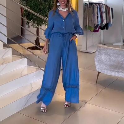 Женские комбинезоны с широкими штанинами, застегивающиеся на пуговицы, с V-образным вырезом, рукавами 3/4, с оборками, летний повседневный комбинезон на шнурке, цельный наряд