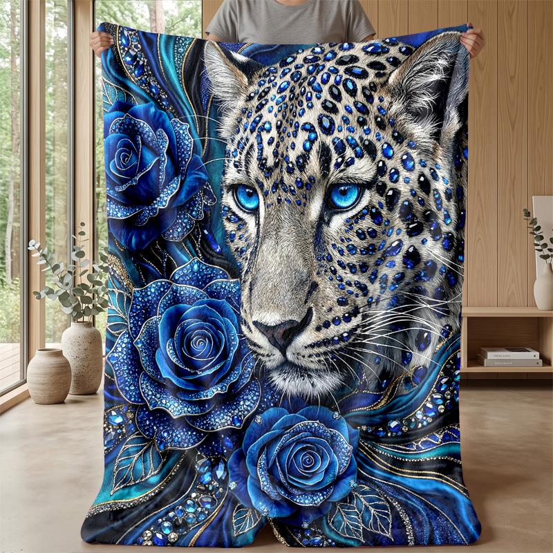 Blue Leopard and Roses blanket Personalized Name Flannel Blanket Soft Cozy Plush Throw for Sofa Bed Lightweight Home Decor