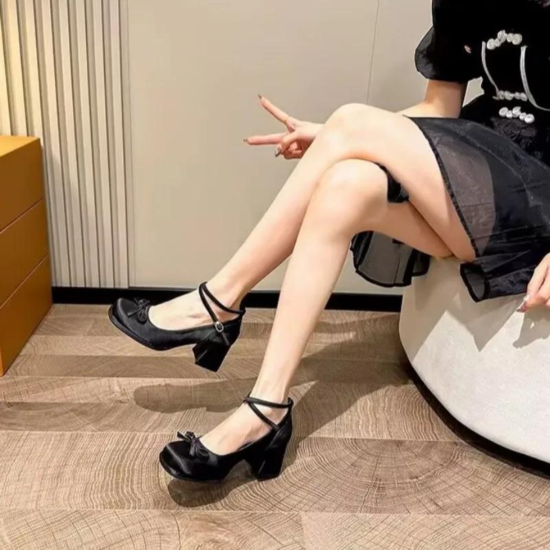 Женская обувь Новые женские туфли на высоком каблуке с пряжкой и ремешком Модные туфли-лодочки с бабочкой и бантом Женские туфли Мэри Джейн на плоской подошве