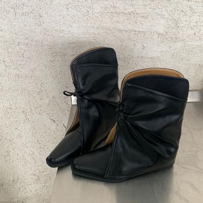 Мода 2025 Новый Стиль Женские Ковбойские Сапоги Острый Носок Толстый Каблук Женские Короткие Сапоги Большого Размера Сапоги-Ботфорты с Бантом для Женщин