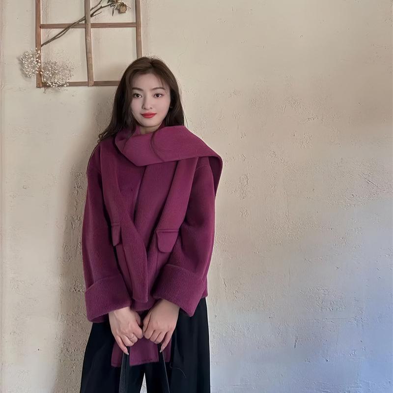 Women's Short Black Plum Purple Double-Sided Cashmere Wool Coat with Scarf Style, Korean Loose Fit
