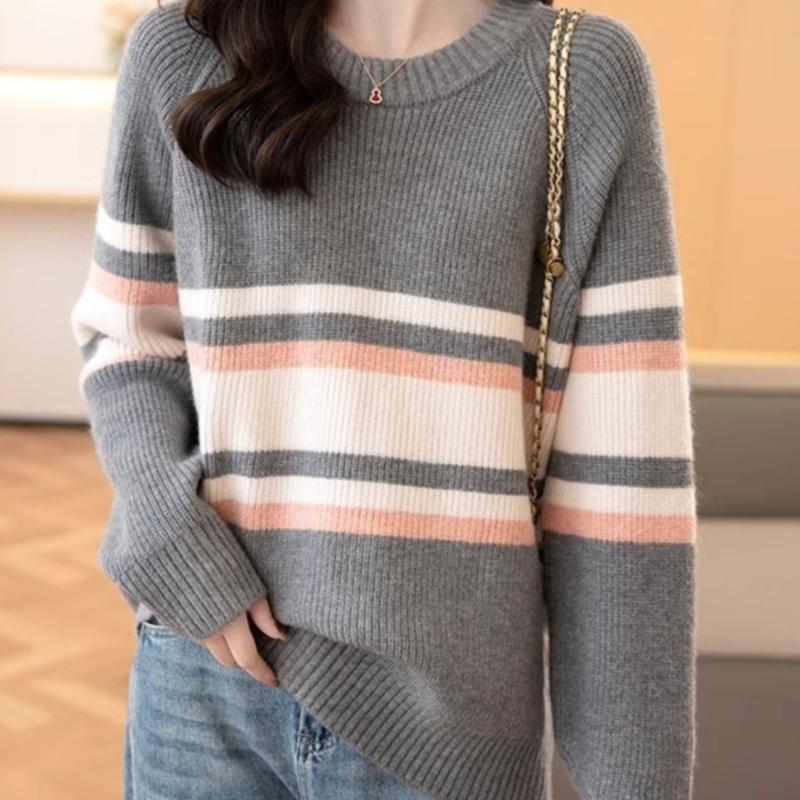 Korean Autumn/winter Round Neck Sweater for Women Versatile Loose Striped Top Knitted Sweater