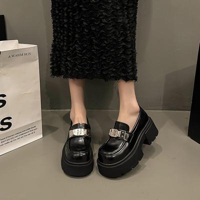 Лоферы женские британский стиль весна 2024 новые ретро туфли на платформе маффин одна педаль светлый рот черные маленькие кожаные туфли