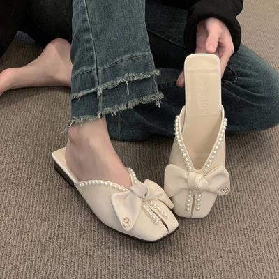 Мода 2025Женские модные тапочки Бант Жемчуг Цифровая Металлическая Декорация Обувь с обмоткой на каблуке Повседневные Сладкие На плоской подошве Zapatillas De Mujer