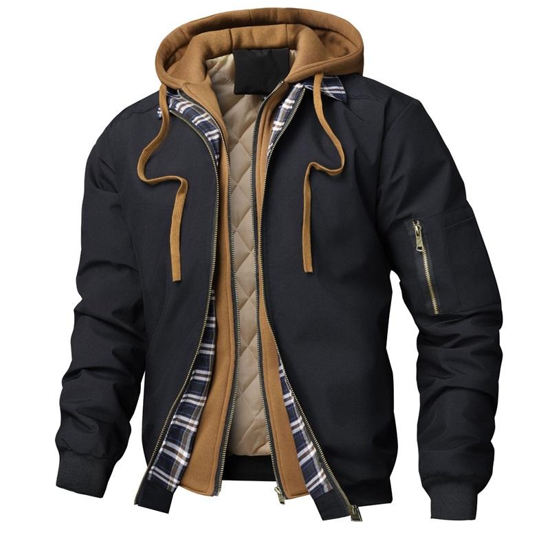 Men's Hooded Padded Bomber Jacket Plaid Trim Fake Two-Piece Winter Coat