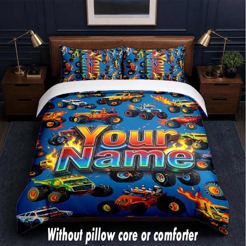 Monster Truck Theme Custom Text Or Name 3Pcs Bedding Set,1 Flat Sheet & 2 Pillowcases Personalized Home Bedding