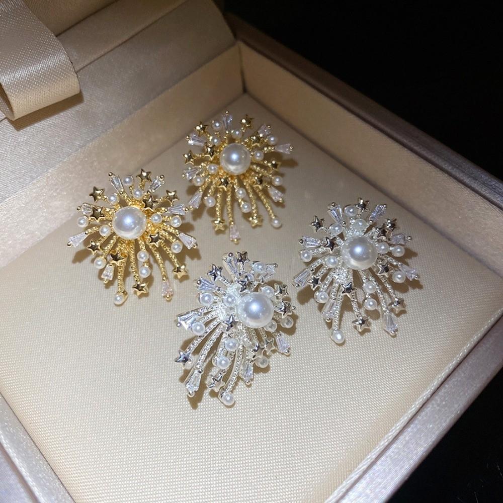 Elegant Sparkling Firework Earrings Pearl Like Dangling Korean Fashion Firework Starburst Ear Studs with Cascading Layered