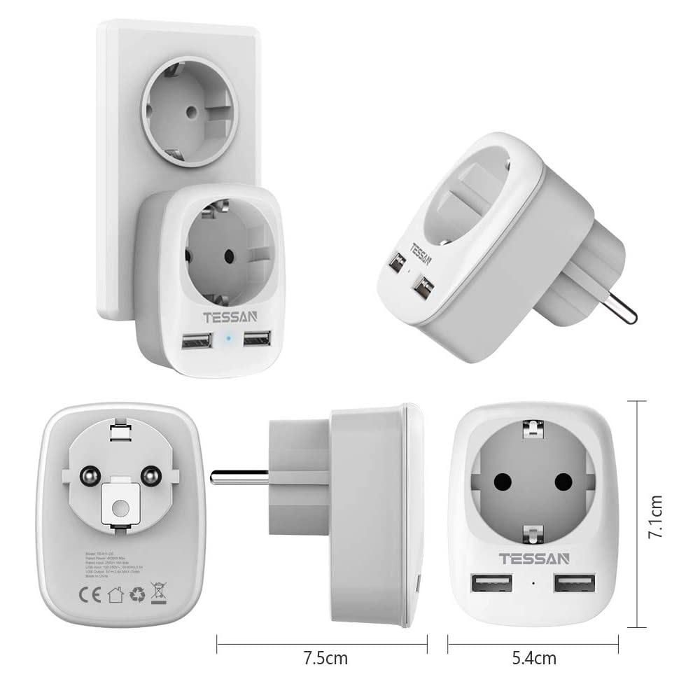 Tessan European Outlets Extender Power Strip with 1/3 AC Outlets, 2 USB Charging Ports and On/Off Switch EU Wall Socket for Home, Office, Travel