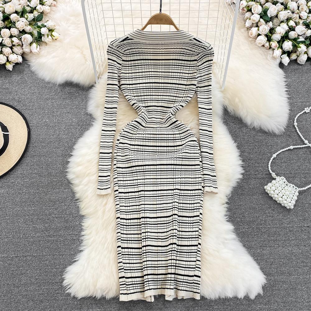 Осеннее модное полосатое вязаное платье-свитер с отложным воротником, женское повседневное однобортное трикотажное платье-карандаш длиной до колена
