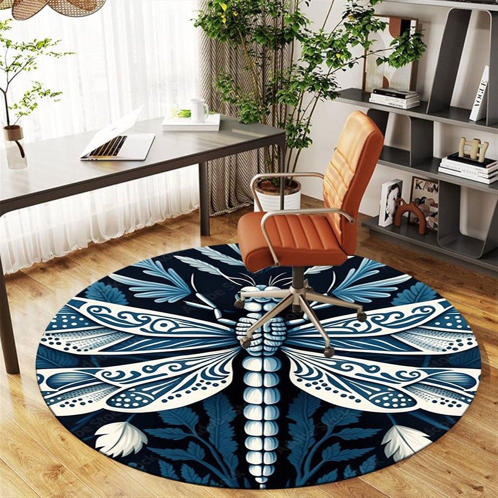 Elegant Blue and White Dragonfly Decorative PlateRound Non-Slip chair mat chair carpet for office Rugs for Office Decor Gift For Valentine's Day Mothe