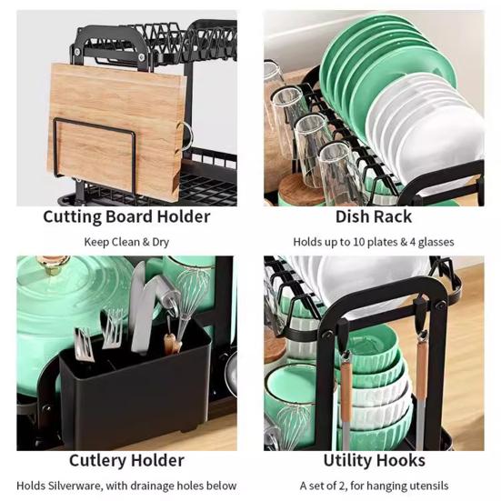 2-layer Countertop Tableware Storage Rack Dish Holder with Drain Tray Strong Load-bearing Bowl Multipurpose Dish Drain Rack