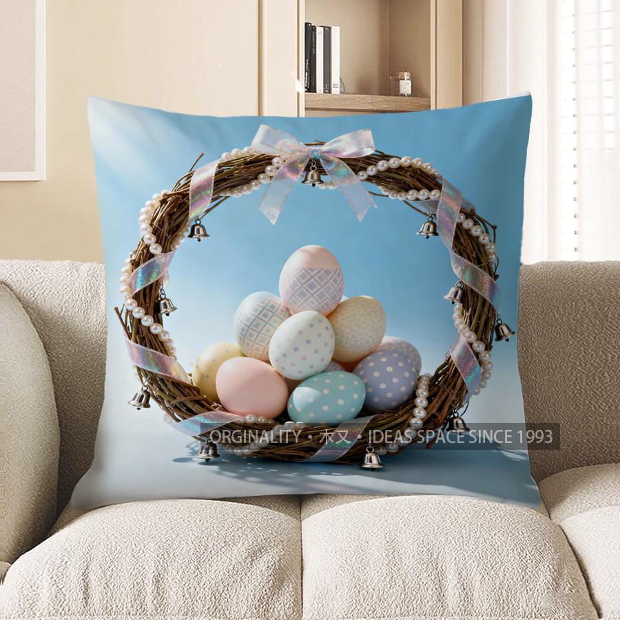 2D Wreath With Decorated Eggs Throw Pillow Pattern Cushion Cover Suitable For Sofa Bedroom Car Pillow Cover