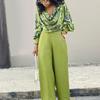 Women Two Piece Print Outfits Cowl Neck Top Wide Leg Pants Casual Long Sleeves Shirt Pants Set