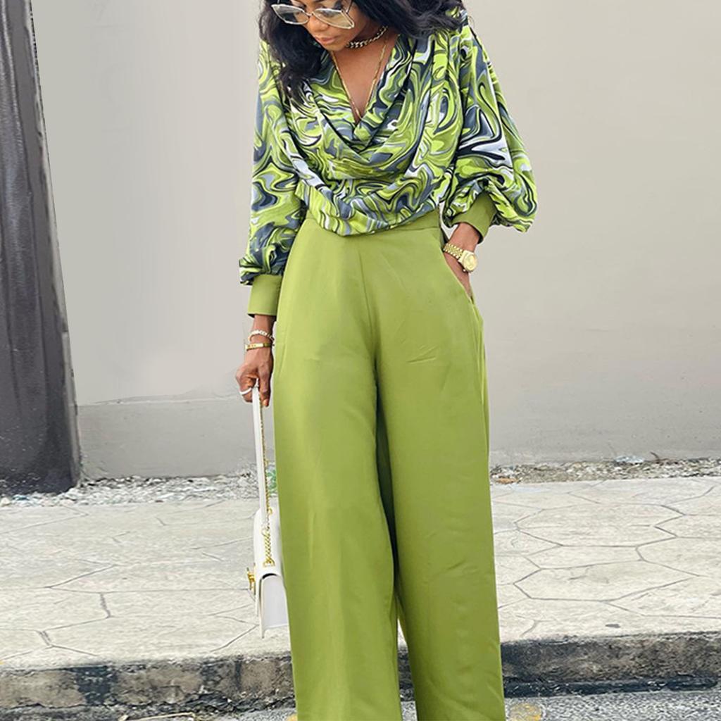 Women Two Piece Print Outfits Cowl Neck Top Wide Leg Pants Casual Long Sleeves Shirt Pants Set