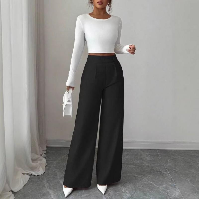 2026 Womens High Waist Stitched Button Decor Relaxed Fit Casual Versatile Trousers