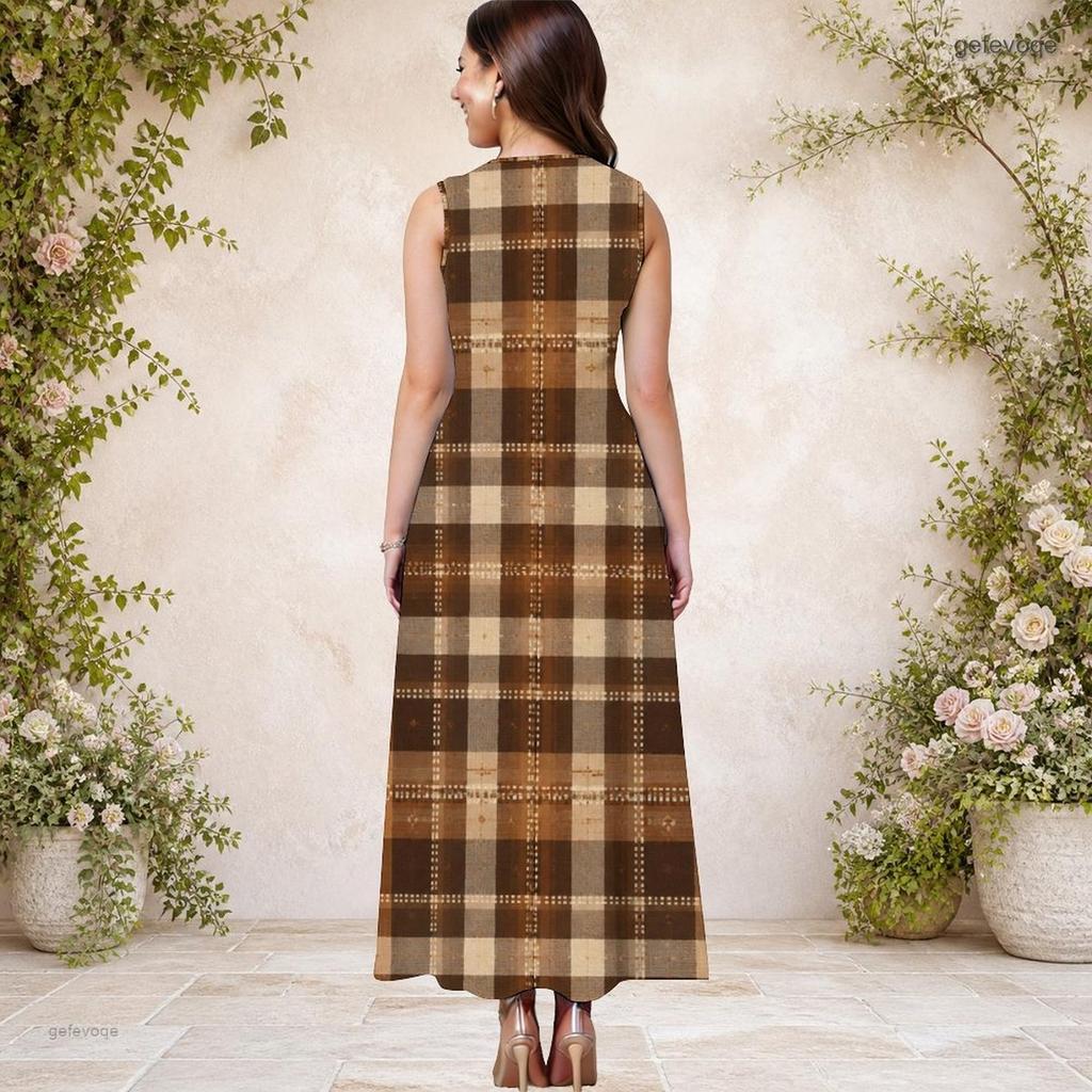 Women Plus Size Round Neck Sleeveless Geometric Printed A Line Long Dress With Side Pockets