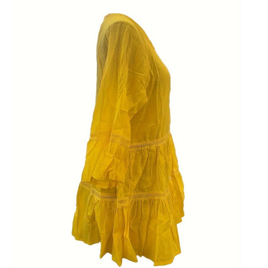 Women Flare Sleeve Cotton Shirt Oversized Hallow Out Loose Blouses Solid Color Yellow White Buttoned Ruffle Plus Size Tops