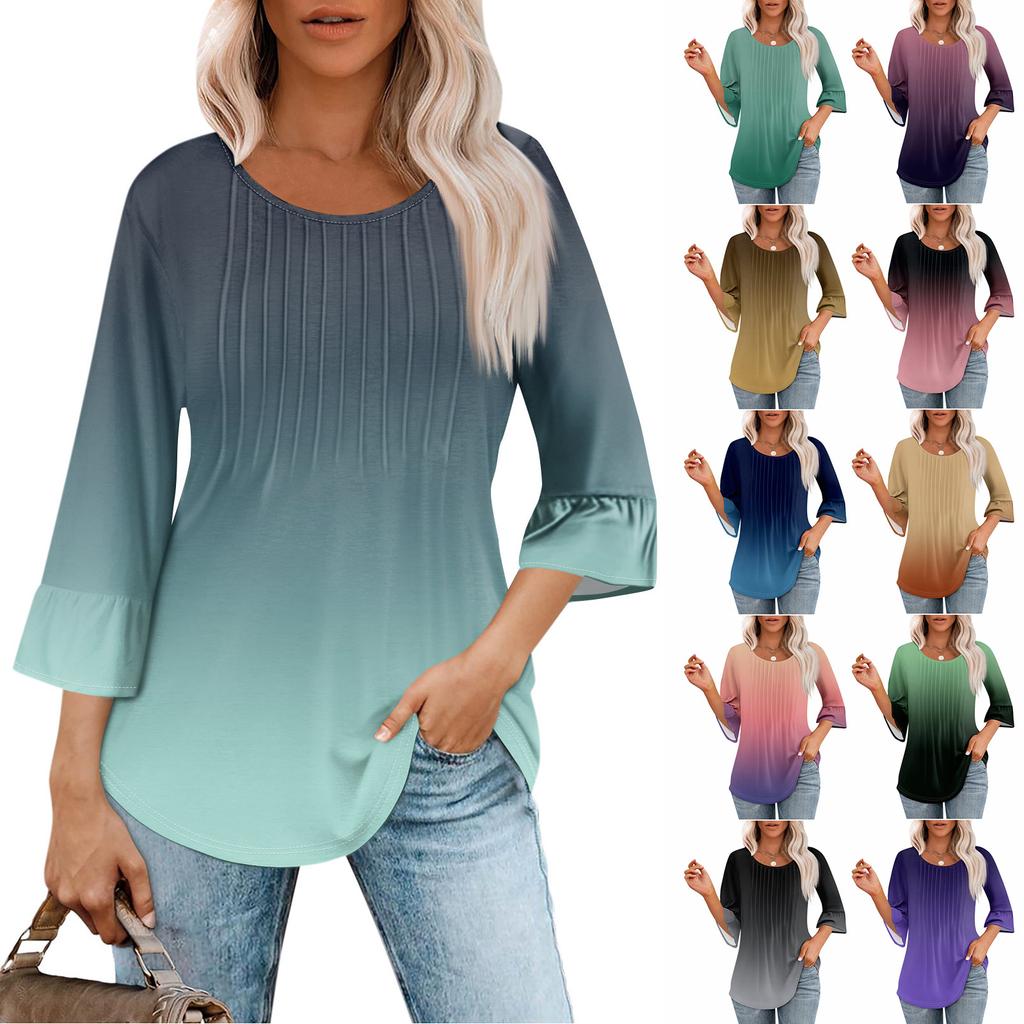 Women's 3/4 Bell Sleeve Tops O-Neck Summer Pleated Shirts Trendy Dressy Casual Loose Fit Tunic Blouses