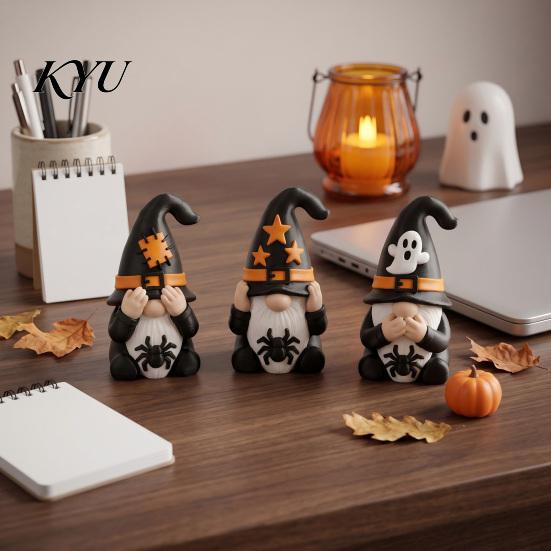 Indoor Holiday Accents 3Pcs Halloween Three Gnomes Figurines, See No Hear Speak Evil Miniature Spooky Dolls Gnome Statues, Spider Ghost Dwarf Tabletop